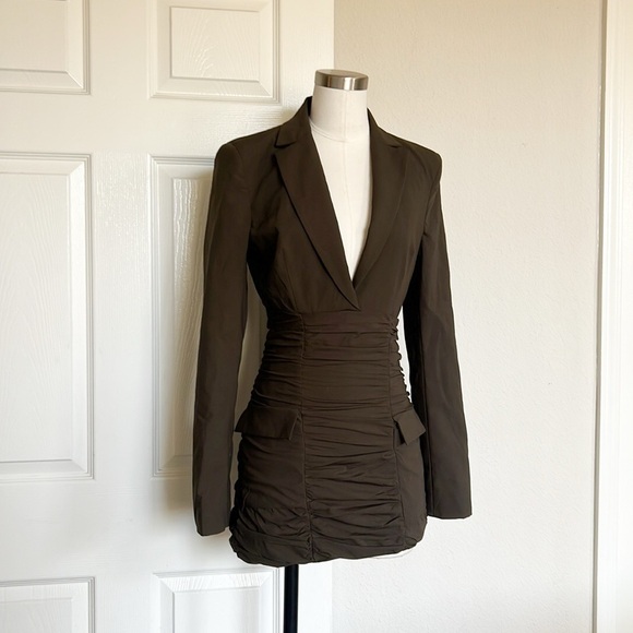 Zara Ruched Blazer Short Dress Dark Brown Shoulder Pads - Picture 3 of 7